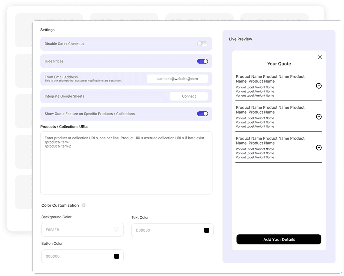 Squarespace Add to Quote plugin configuration and request quote settings